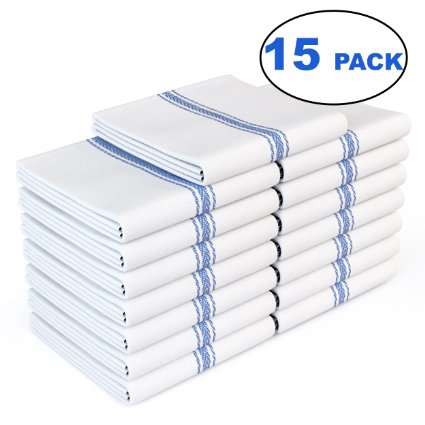 Royal 15 PACK Classic Kitchen Towels 100 Natural Cotton 14 x 25 Commercial Restaurant Grade Herringbone Weave Dish Cloth Absorbent and Lint-Free Machine Washable White with Blue Stripe
