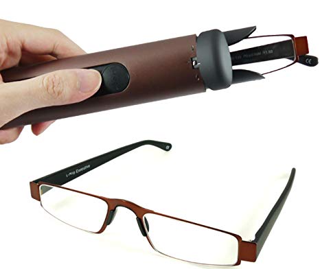 I-Mag Executive Slim Metal Reading Glasses with Slide Open Hard Case (2.50, Brown)