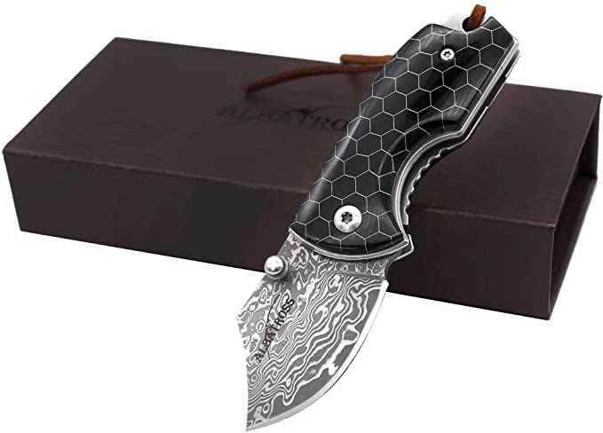 ALBATROSS EDC Mini Damascus Camping Folding Pocket Knife; 1.75" Damascus Blade,Black Resin Handle with Aluminum Mesh Honeycomb Pattern,Gifts Box/Collections (HGDK022Black)