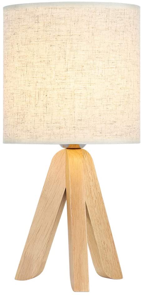 Mini Creative Wooden Table Lamp Tripod White Linen Lampshade Modern Bedside Lamp Fashion Nightlight for Office Night Table for Bedroom, Living Room, Office-13.4 Inches