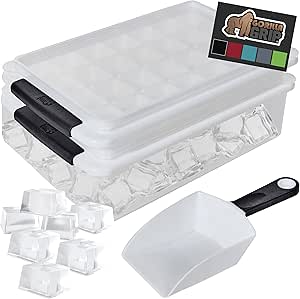 Gorilla Grip Stackable Ice Cube Tray and Bin Set, Includes 2 Trays with Lid and Scooper, Easy Release, Makes 56 Cubes for Cocktail Soda Coffee, Leak Proof Freezer Bucket Kit, Kitchen Gadget, Black