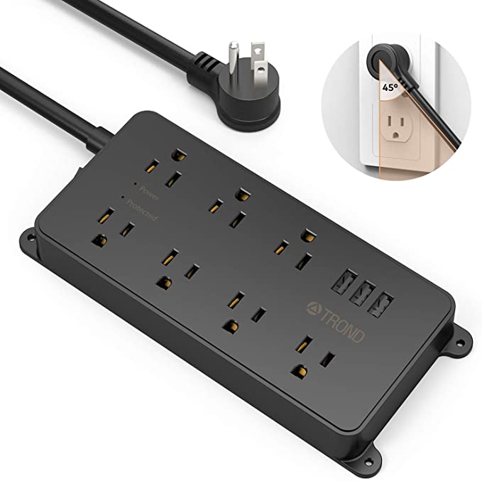 TROND Surge Protector Power Strip with 3 USB Ports, ETL Listed, 7 Widely-Spaced Outlets, Flat Plug, 1700 Joules, 5ft Extension Cord, Wall Mountable, Black