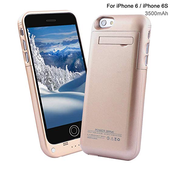 YHhao 3500mAh Charger Case for iPhone 6 / 6s Slim Extended Battery Case Portable Cell Phone Battery Charger Back up Power Bank Rechargeable Charger Case with Stand 4.7" for iPhone 6/6s - Golden