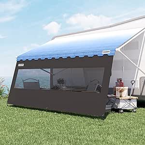 KING BIRD RV Awning Shade Screen, 8' x 11'3'', Extended 600D Top with Splicing Black Mesh Sunshade Blocks Sunlight, Improves Shadow and Privacy. Camper Trailer Shade Screen for Awnings