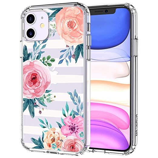 MOSNOVO iPhone 11 Case, Girls Blossom Stripes Floral Flower Pattern Clear Design Transparent Plastic Hard Back Case with TPU Bumper Protective Case Cover for Apple iPhone 11 (2019)