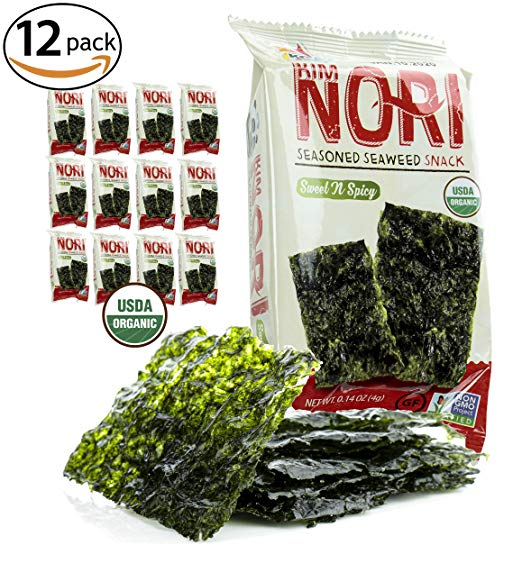Kimnori Seasoned Organic Seaweed Snack, Sweet 'N Spicy, With a Touch of Cane Sugar and Jalapeño, 12-pack