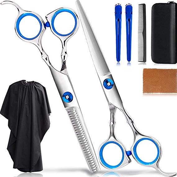8Pcs Professional Hair Cutting Scissors Set/Hair Thinning Shears Kit/Salon Hairdressing Scissors Barber Tools/Teeth Texturing Texturizing Stainless Steel Sharp Wide Tooth Contain Cape Clips Comb Blue