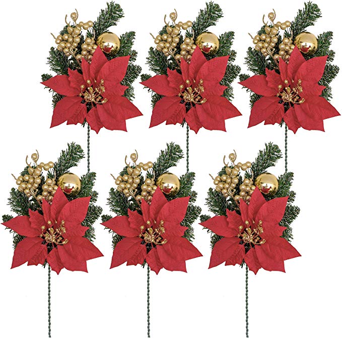 Valery Madelyn 6 Packs Red Gold Christmas Floral Picks with Berries Christmas Balls, Christmas Wreath Accessories Artificial Tree Picks for Christmas Decorations and Home Decor, 16 Inch