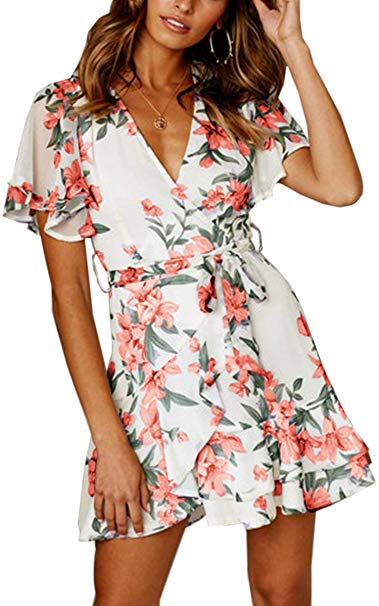 Angashion Women's Floral Short Sleeve Wrap V Neck Ruffle Mini Dress with Belt