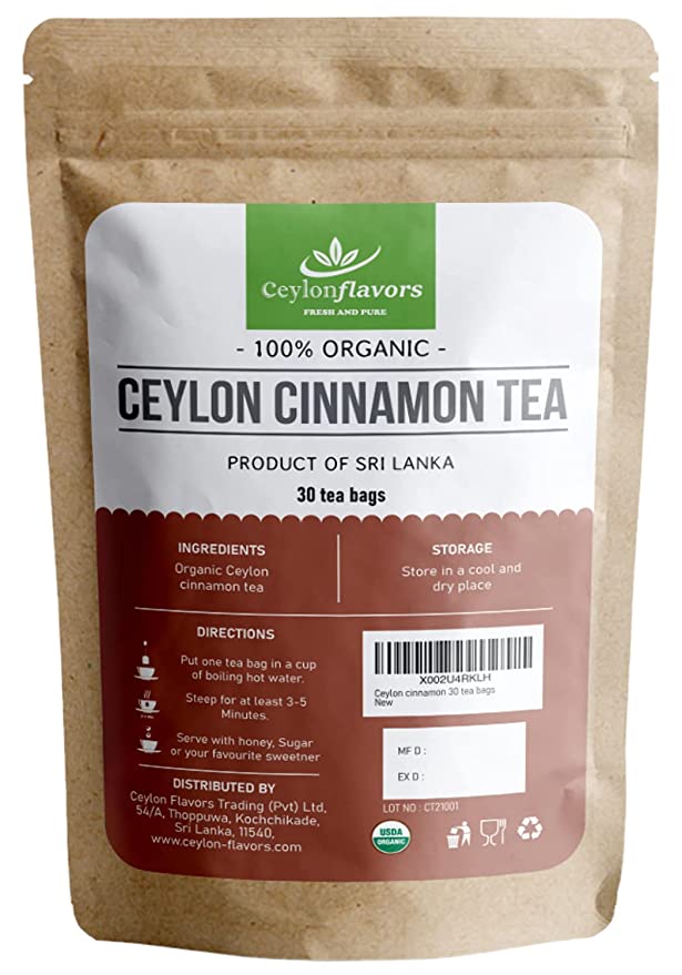 Organic Ceylon cinnamon tea bags | premium grade real or true cinnamon from Ceylon Sri Lanka | 30 tea bags