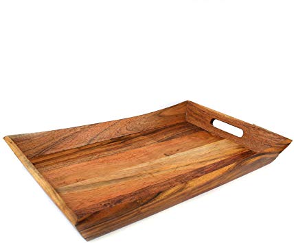 Kaizen Casa Wooden curved Serving Tray - Large Acacia Wood Decorative Tray with Handles for Parties and Breakfast in Bed.