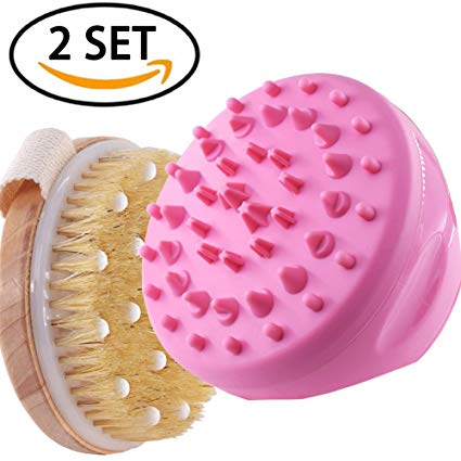 Cellulite Massager -2Sets- Dry/Wet Brushing Body Bath Brush Remover Brush Mitt Best for Burning fat Exfoliating Dry Skin, Lymphatic Drainage and Organic Spa Exfoliation and Massage Scrub Brush