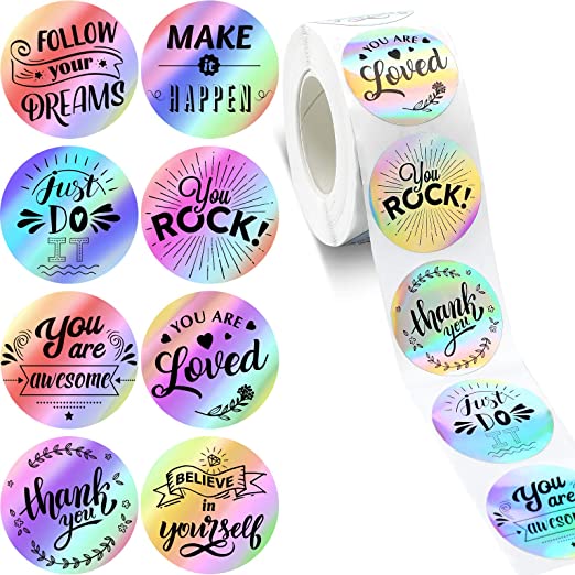 500 Pieces Laser Inspirational Words Stickers Motivational Quote Stickers Inspiring Planner Stickers Holographic Rainbow Encouraging Stickers Round Decal Sticker for Book Phone Car Scrapbook, 1.5 Inch