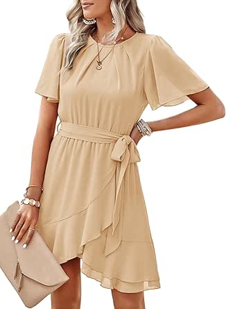 Dokotoo Womens Summer Dresses 2024 Crewneck Short Sleeve Waist Tie Ruffle Casual Chiffon A-Line Swing Mini Dress