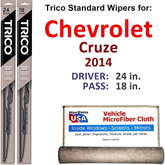 Wiper Blades for 2014 Chevrolet Cruze Driver & Passenger Trico Steel Wipers Set of 2 Bundled with Bonus MicroFiber Interior Car Cloth