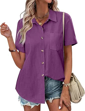 Zeagoo Womens Button Down Shirts Color Block Short Sleeve Cotton Linen Summer Causal Blouses Tops