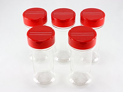 Skyway Supreme 7 OZ Clear Plastic Spice Bottles Jars Containers - Set of 5 - Flap Cap with Pour and Sifter Shaker Durable Refillable Perfect For Storing and Dispensing Herbs and Spices - BPA Free