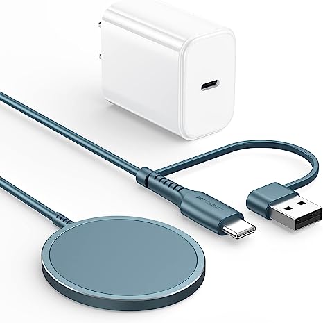 JSAUX Magnetic Wireless Charger Compatible with MagSafe Charger/iPhone 14/14 Pro/14 Plus/14 Pro Max/iPhone 13/13 Pro/13 Pro Max/13 Mini/iPhone 12, Mag Charger (Blue) with 20W PD Charger Block (White)