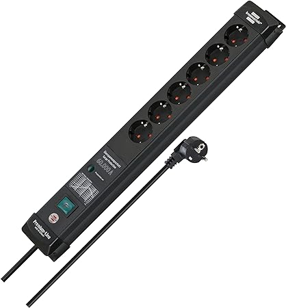 Brennenstuhl Premium-Line 6-Way Power Strip with Surge Protection up to 60,000 A (Multiple Socket with Switch and 3 m Cable, Wall Mounting, Made in Germany) Black