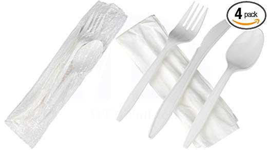 Individually Wrapped Medium Weight White Plastic Cutlery/Utensil Set with Napkin by MT Products - (50 Pieces)