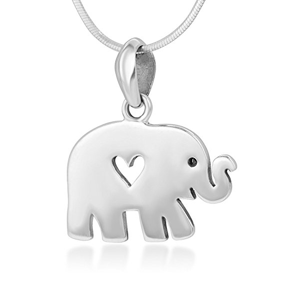 925 Sterling Silver Open Heart Lovely Little Elephant Pendant Necklace for Women, 18” Chain