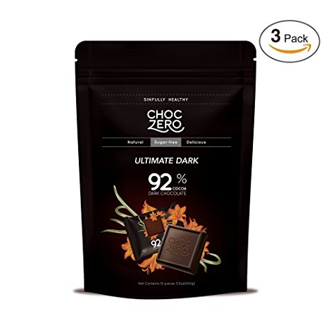 ChocZero 92% Ultimate Dark Chocolate, Sugar Free, Low Carb. No Sugar Alcohols. No Artificial Sweeteners. All Natural, Non-GMO - (3 Bags, 30 Pieces)