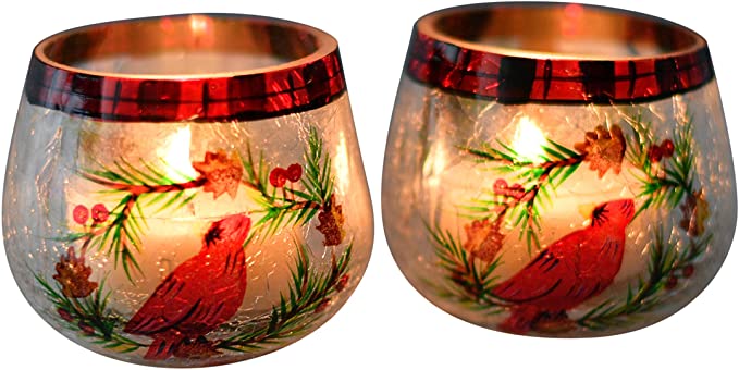 Home-X Crackle Glass Cardinal Votive Holders - Set of 2