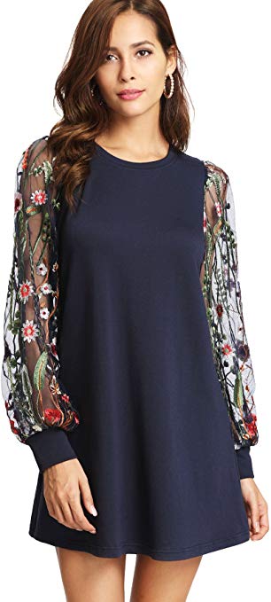 DIDK Women's Tunic Dress with Embroidered Floral Mesh Bishop Sleeve