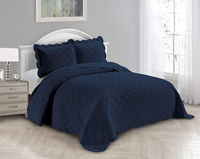 Fancy Linen 3pc Embossed Coverlet Bedspread Set Oversized Bed Cover Solid Modern Squared Pattern New # Jennifer (King/California King, Navy Blue)