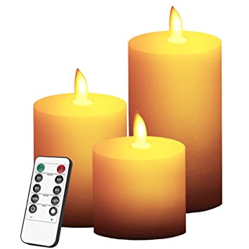 smtyle Unscented Flat Top Battery Operated LED Pillar Candles Set of 3 with Moving Flame Wick and Timer,Remote Control (3)