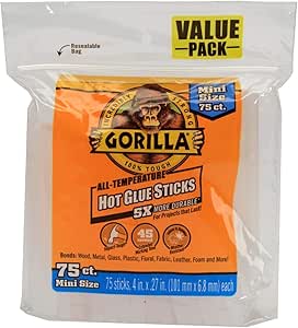 Gorilla Hot Glue Sticks, Mini Size, 4" Long x .27" Diameter, 75 Count, Clear, (Pack of 1)