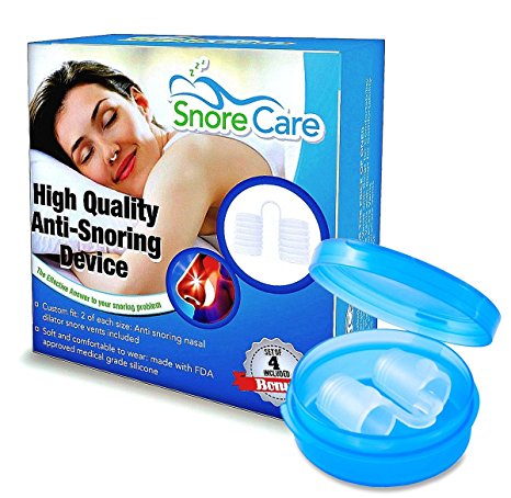 SnoreCare – Advanced Set of 4 Premium Nose Vents To Ease Breathing and Snoring – Includes A Travel Case