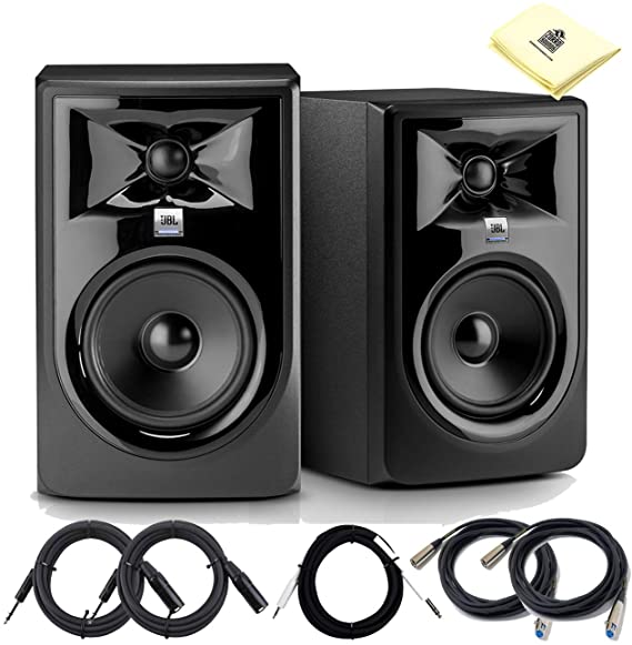 JBL Professional 308MKII 8-inch Powered Studio Monitors (Pair) 2-way 112W Powered Studio Reference Monitors with 8" Woofer, 1" Tweeter & Magnetic Shielding (pair) with Cables Bundle and Zorro Cloth