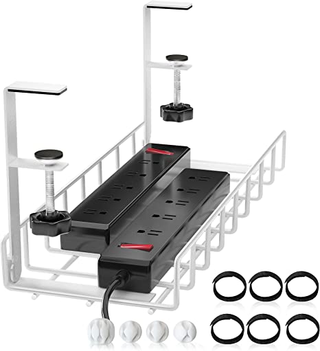 Under Desk Cable Management Tray , Xpatee Upgraded Wire Management No Drill No Screws, Cable Tray with Clamp for Desk Wire Management, Computer Cable Rack for Office, Home - No Damage to Desk White