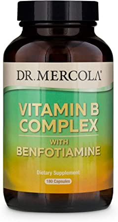 Dr. Mercola Vitamin B Complex with Benfotiamine Dietary Supplement, 90 Servings (180 Capsules), Non GMO, Soy Free, Gluten Free