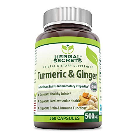 Herbal Secrets Turmeric and Ginger Dietary Supplement - 500 Milligrams - 360 Capsules - Antioxidant Power - Provides Anti-Inflammatory Support