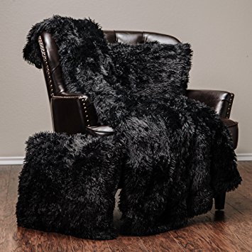 Chanasya Super Soft Long Shaggy Chic Fuzzy Fur Faux Fur Warm Elegant Cozy With Fluffy Sherpa Black Throw Blanket (50" x 65") & two Pillow Covers ( 18"x 18") Set