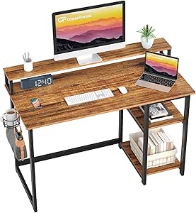 GreenForest Computer Desk with Full Monitor Stand and Reversible Storage Shelves,120cm Home Office Desk with Headphone Hook and Cup Holder, Study Writing Gaming Workstation Table,Walnut