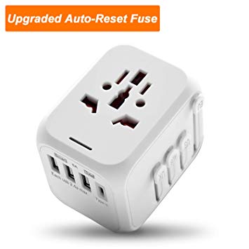 Whew Universal Travel Adapter, All-in-One Worldwide International Power Adapter with Auto-Reset Fuse, Upgraded 5A USB Output, 1 Type C, 3 USB Ports for USA, UK, Europe, AU and 170 Countries (White)