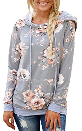 Angashion Women Hoodies-Tops- Floral Printed Long Sleeve Pocket Drawstring Sweatshirt With Pocket