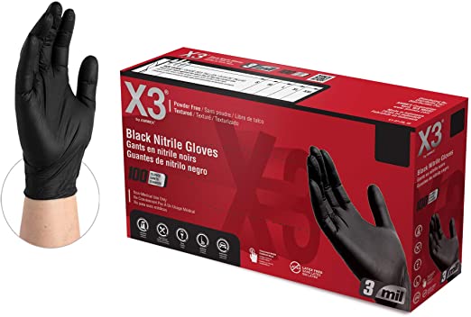 X3 Black Nitrile Industrial Gloves, 3 Mil, Powder Free, Textured, Disposable