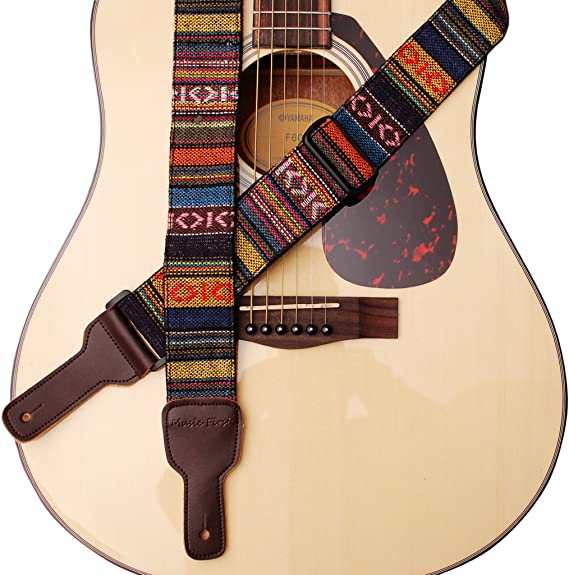 MUSIC FIRST Original Design, 2 inch width (5cm), Classic Country Style Soft Cotton & Genuine Leather Guitar Strap, Ukulele Strap, Mandolin Strap