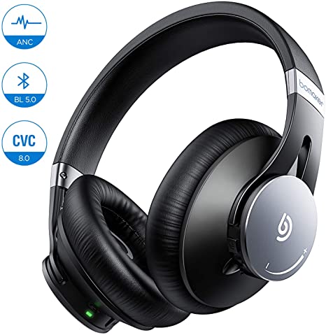 BOMAKER Active Noise Cancelling Headphones, Bluetooth 5.0 Over-Ear, Memory-Protein Earmuff Headset, CVC8.0 Mic, 360°Volume Dial, Hi-Fi Stereo Headphones with Waterproof Case