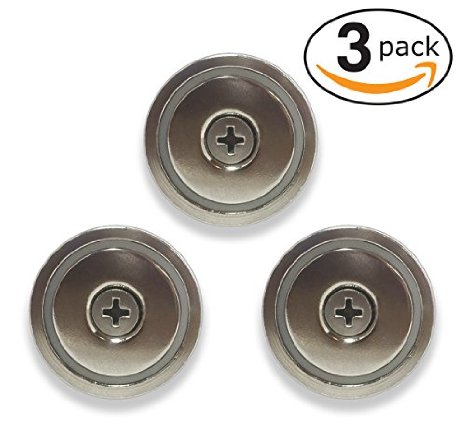 Neodymium Round Base Magnet (3 PACK - 50% MORE) Incredibly Strong 70+ LB Strength - 1.26" Diameter with 20mm Mounting Screws - Powerful Rare-Earth Neodymium Magnet Perfect for Hanging Tools & Devices