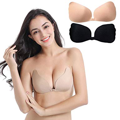 Acexy Strapless Bra Invisible Adhesive Bra 2 Pack Sticky Bra Silicone Plunge Reusable Magic Bra