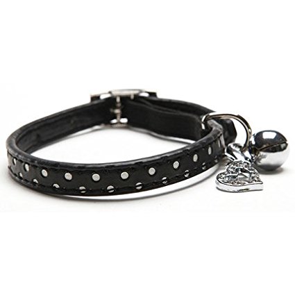 BINGPET BA3017 Adjustable PU Leather Polka Dot Cat Pets Collars with Heart Pendant Black