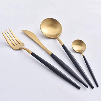 KINGSBULL HOME 4-Piece Flatware Set, Stainless Steel Cutlery Set Include Knife, Fork, Dinner Spoon and Tea spoon, Black Handle with Golden Silverware Set