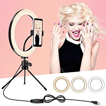 Ring Light with Tripod Stand and Phone Holder, 10 inch Desktop Circle Light with 3 Lighting Colors and 10 Brightness, Portable Halo Light for YouTube, Makeup, Live Streaming, Video Shooting