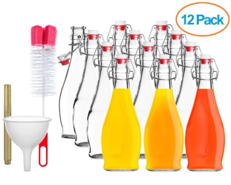 Dinercap 16.9 oz 12 Pack Clear Glass Swing Bottle Bundle With Stopper | Funnel | Bottle Brush and Glass Marker