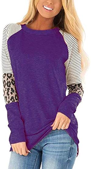 sullcom Women Casual T Shirts Leopard Print Patchwork Tops Loose Crewneck Long Sleeve Raglan Pullovers Shirts Tops